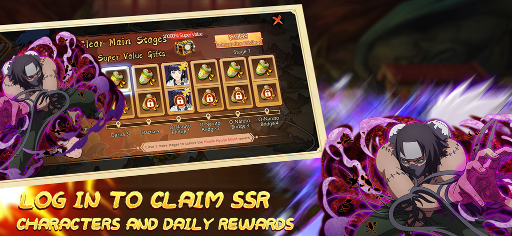 Shinobi Arena: Rise - Shinobi Arena Rise game screen showing daily login rewards and SSR character shards with anime ninja artwork