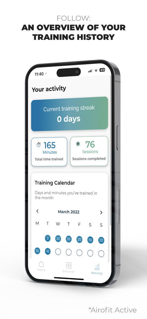 Airofit - Airofit app activity screen showing training history and calendar progress