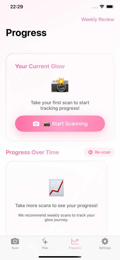 Pretti - Become Attractive - Der Fortschrittsbildschirm der Pretti-App, der aktuelle Glow- und Fortschritts-Tracking-Funktionen zeigt.