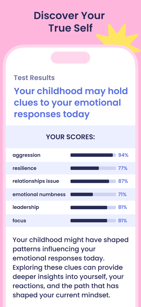Breeze app screen showing personalized psychological test results and trait scores