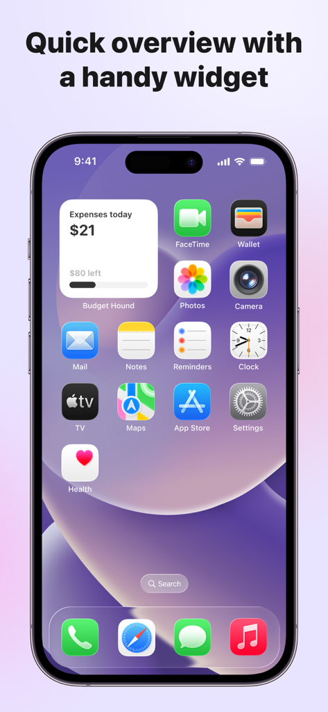 Budget Hound: Expense tracker - iPhone home screen showing the Budget Hound widget with daily expense summary and remaining budget.
