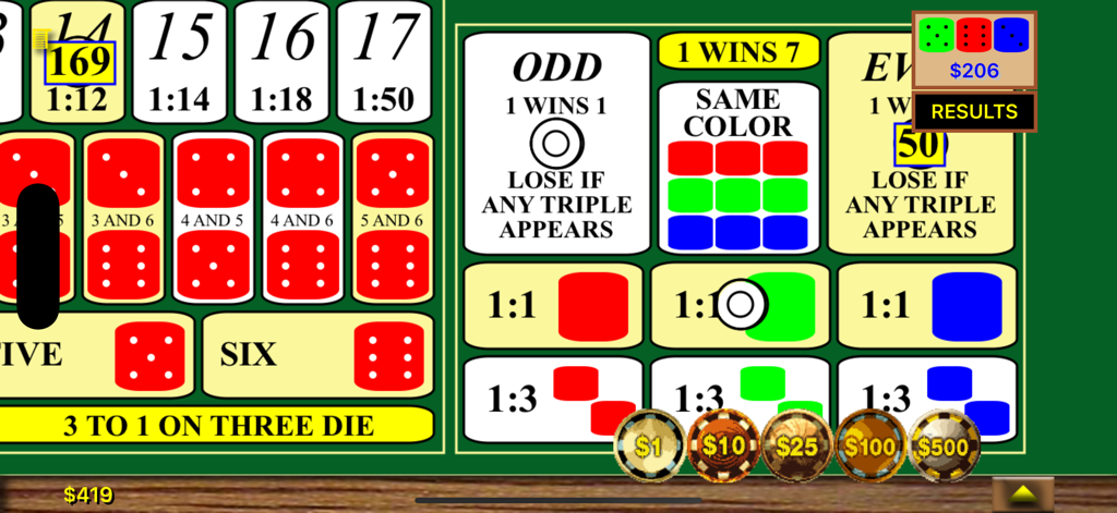 Sic Bo / Hi-Lo - Table de paris Sic Bo numérique avec résultats de dés et jetons de jeu