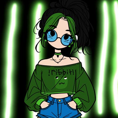 girl with a messy ponytail glasses a baggy crop top and jean shorts