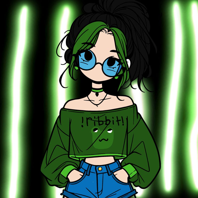 girl with a messy ponytail glasses a baggy crop top and jean shorts