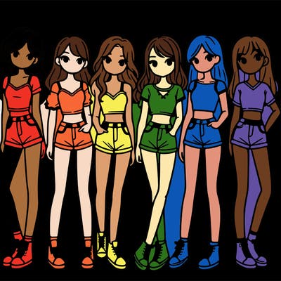 a group of girls wearing crop tops and shorts