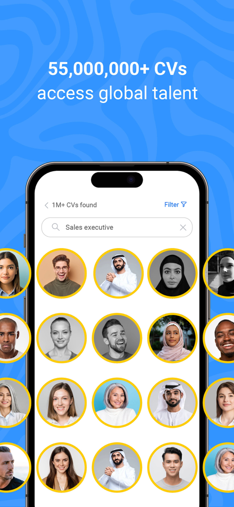 Bildschirm einer Smartphone-App von Bayt.com für Arbeitgeber, der eine Suche nach Vertriebsmitarbeitern und ein Raster mit Profilen vielfältiger professioneller Kandidaten zeigt