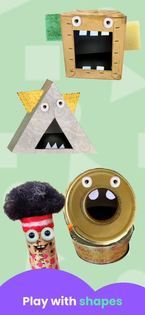 Number Games for Kids - Pantalla de juego educativo que muestra personajes animados hechos de objetos domésticos que representan formas geométricas como un cuadrado, un triángulo y un círculo