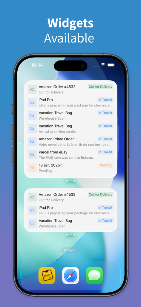 Parcel & Package Tracker - iPhone home screen displaying package tracking widgets with real-time delivery statuses for multiple orders.