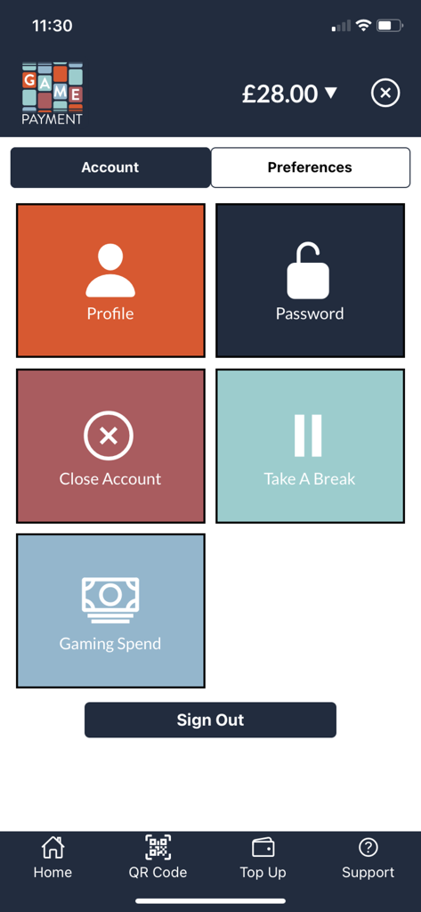 Game Payment: cashless gaming - ゲームペイメントアプリのアカウント設定画面。プロフィール、パスワード、休憩を取るなどの責任あるギャンブルオプションが表示されます。
