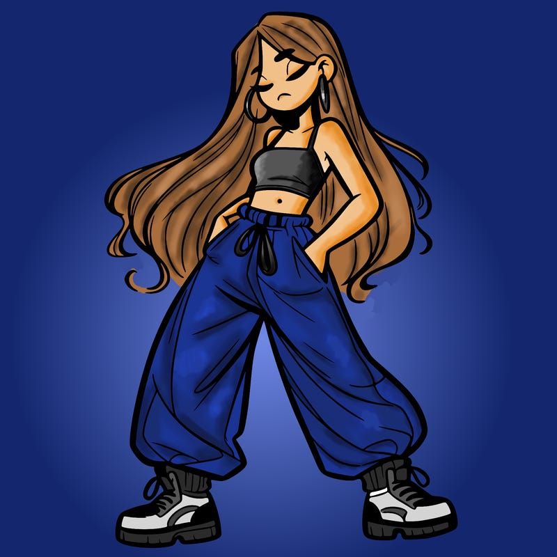girl in baggy pants crop top and long hair