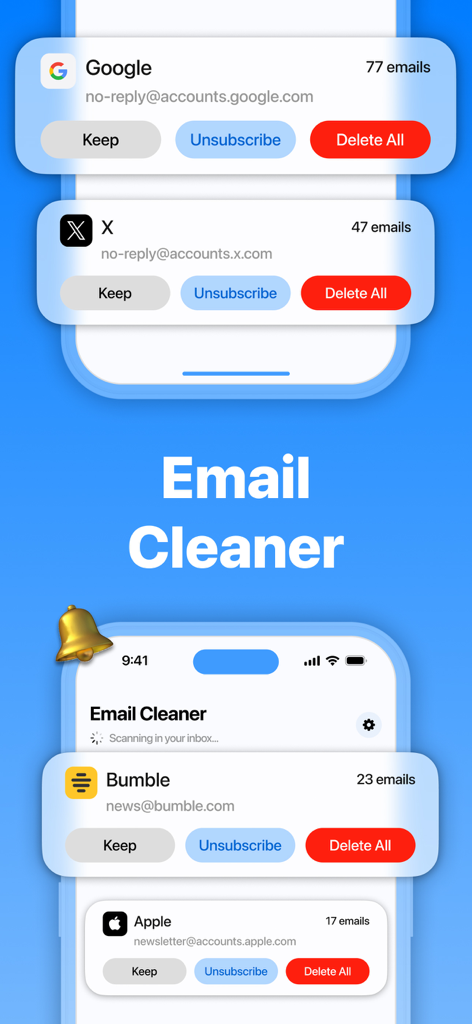 CleanX app interface showing the email cleaner feature with options to manage emails from Google X and Bumble