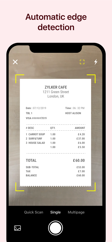 Zoho Expense: Travel & Expense - Ein Smartphone-Bildschirm, der einen Café-Beleg mit der automatischen Kantenerkennung in der Zoho Expense App scannt.
