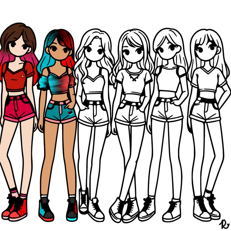 a group of girls wearing crop tops and shorts