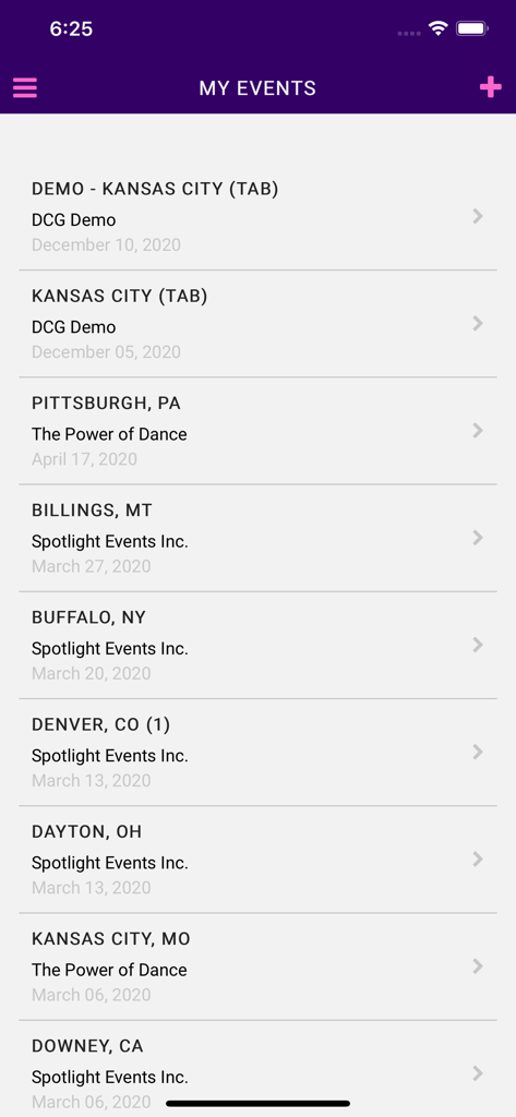Dakiki - by DanceComp Genie - A list of past dance competition events within the Dakiki app showing locations and dates