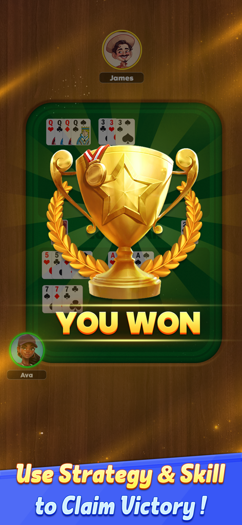 Conquian Card Game - Un trofeo dorado de victoria y el texto 'Has ganado' en la pantalla del Juego de Cartas Conquian