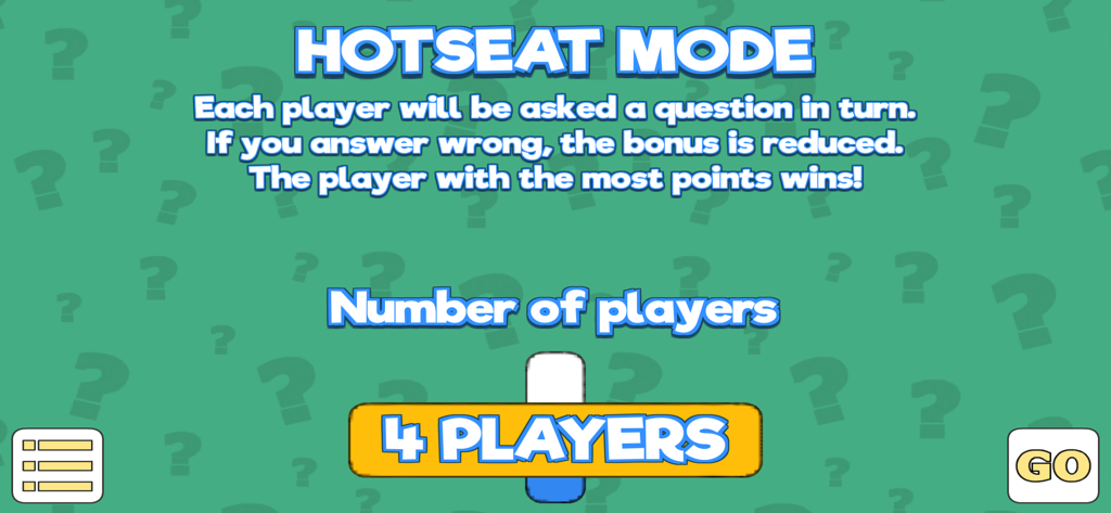 Who Was That - Pantalla de selección de jugadores en el modo Asiento Caliente de la aplicación de trivia musical ¿Quién Era Esa? para juegos multijugador locales.