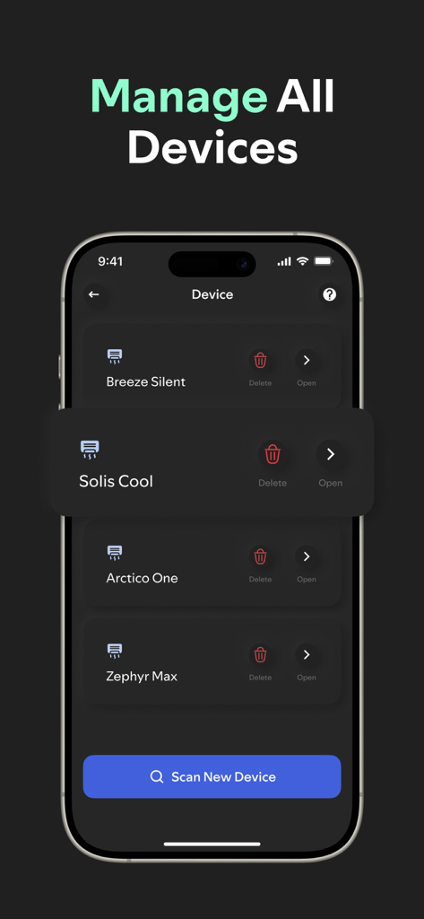 Air Conditioner Remote: AC Pro - Interfaz de la aplicación AC Pro que muestra una lista de múltiples unidades de aire acondicionado gestionadas con un botón para escanear nuevos dispositivos