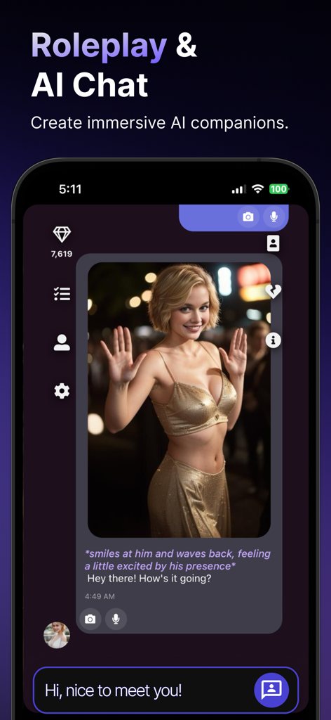 Interface de chat do aplicativo Promptchan AI Girlfriend apresentando uma sessão de roleplay com uma personagem companheira IA.