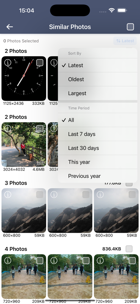 Clean Master - Manage Photos - Interfaz de la aplicación Clean Master que muestra fotos similares agrupadas con filtros de ordenación y período de tiempo