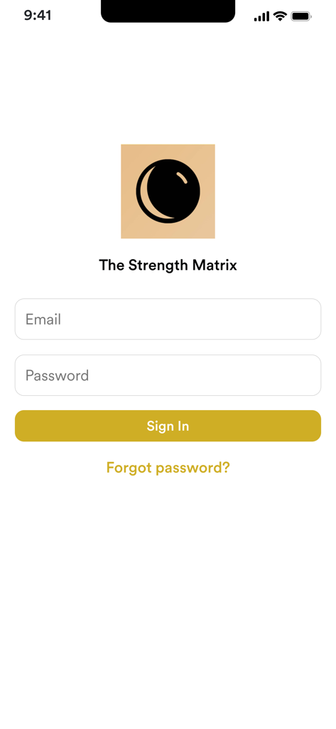 Strength Matrix Training - Login screen for the Strength Matrix Training app featuring email and password input fields and a yellow sign in button
