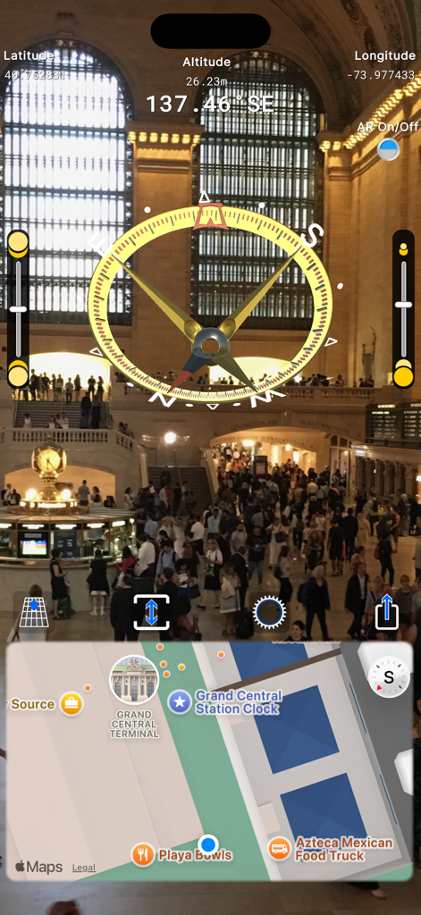 Augmented reality compass overlaying a live camera view with a digital map and GPS data