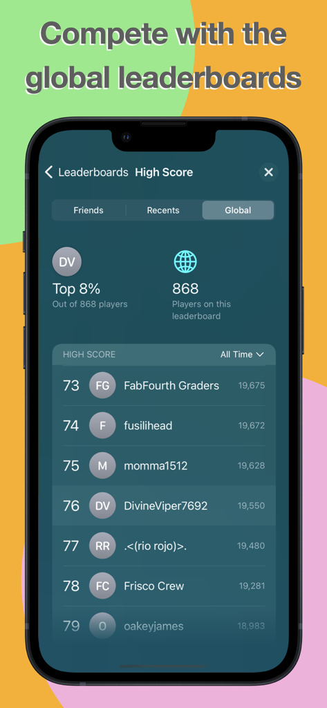 Fizz - Global leaderboard screen in the Fizz app showing player high scores and rankings