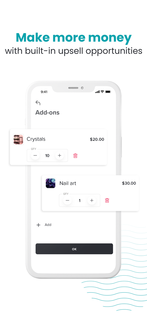 Booksy Biz app screen showing service add-ons for increased revenue