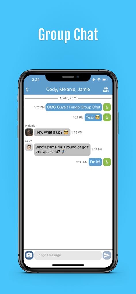 Fongo World Edition - Fongo World Editionアプリでのグループチャットの会話を示すモバイル画面。
