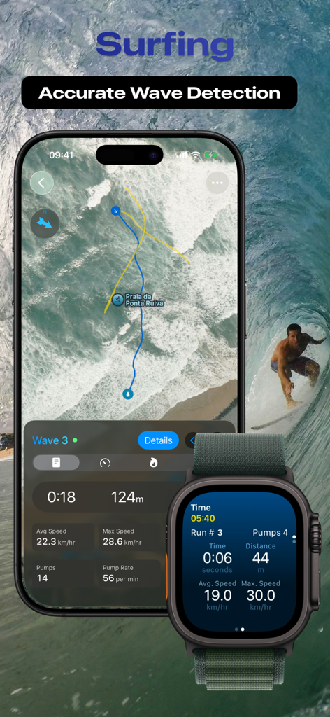 Foil, Wing, Surf - FoilMotion - FoilMotion app showing accurate surfing wave detection and performance metrics on iPhone and Apple Watch Ultra