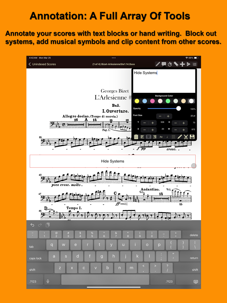 iGigBook Sheet Music Manager - iPad screen showing annotation tools in iGigBook for adding text and symbols to sheet music