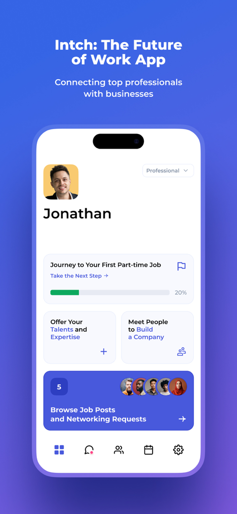 Intch: The Future of Work App - Intch 앱 인터페이스, 직업 및 비즈니스 파트너 찾기를 위한 전문가 프로필 및 네트워킹 기능 표시