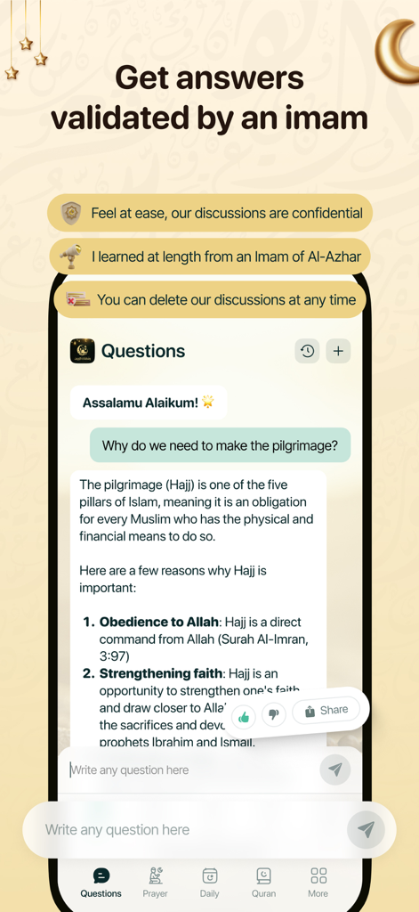 Chatbot asistente islámico de IA que proporciona respuestas religiosas validadas en un iPhone