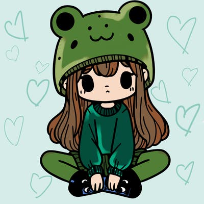 a girl wearing a frog hat and some frog socks