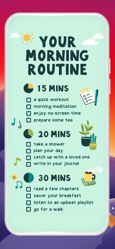 A morning routine checklist in the Fabulous app showing habit blocks for 15, 20, and 30 minutes with activities like meditation and planning.
