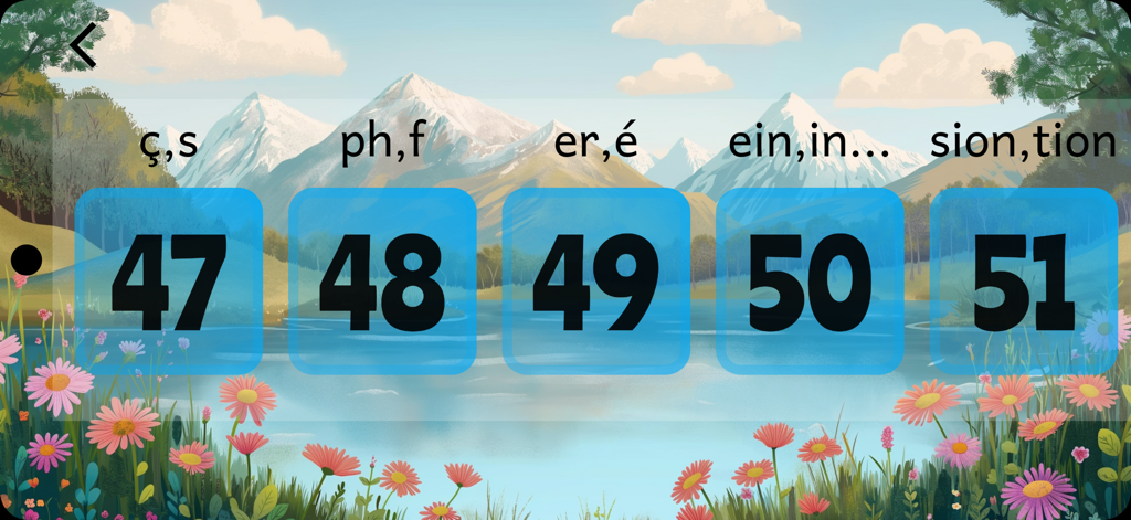 Écran de sélection des niveaux montrant les leçons avancées de 47 à 51 dans l'application de lecture française.