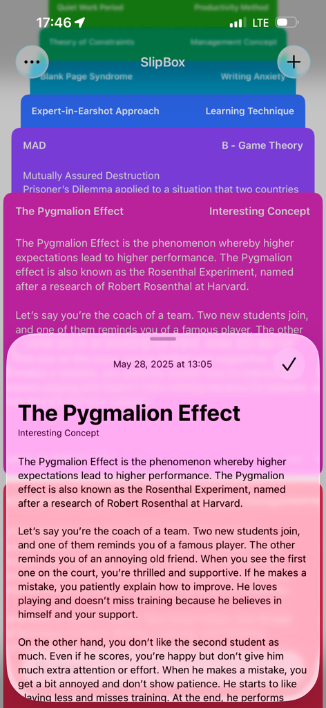 SlipBox – Zettelkasten Notes - Eine detaillierte Zettelkasten-Notiz über den Pygmalion-Effekt in der SlipBox App.