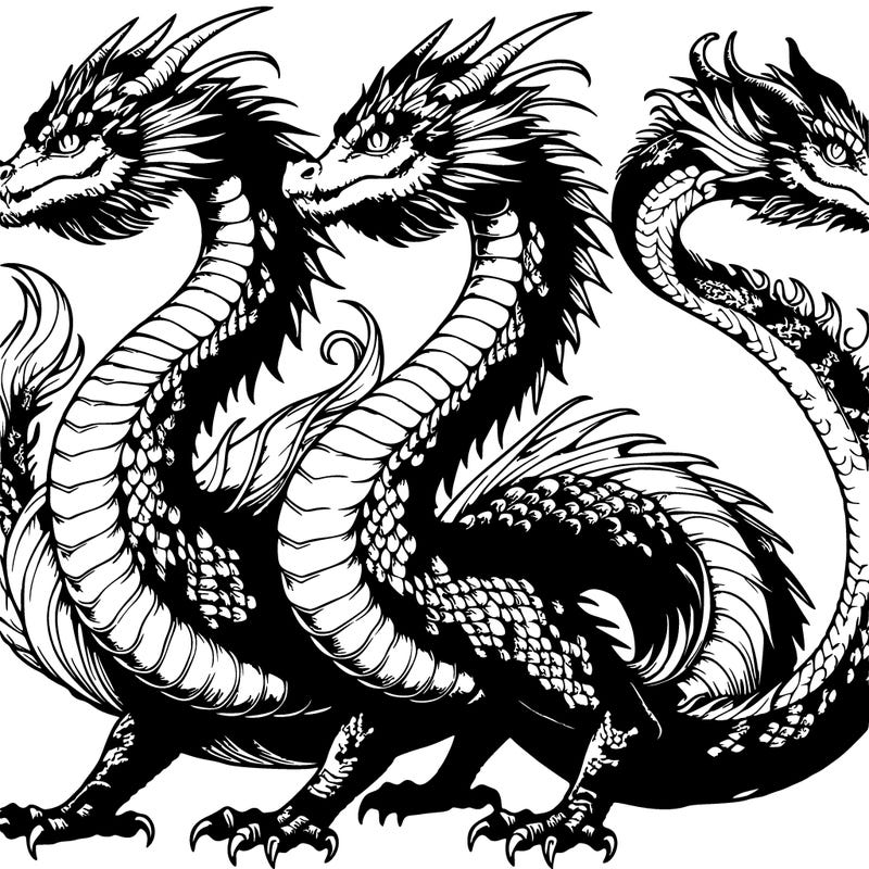 realistic twin dragon swirling up with fur and necks and end of tail, scales everywhere else