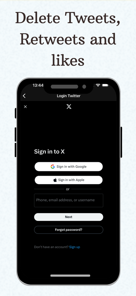 Unpost: Bulk Delete Messages - Unpost app interface showing the X login screen for bulk deleting tweets retweets and likes