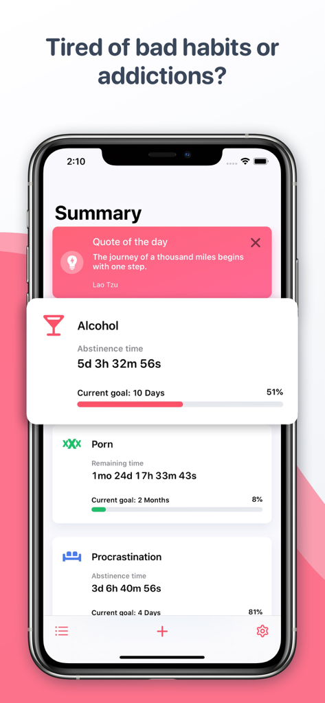 Quitzilla: Quit Tracker - Quitzilla mobile app summary screen showing abstinence timers for alcohol and other habits with a motivational quote.