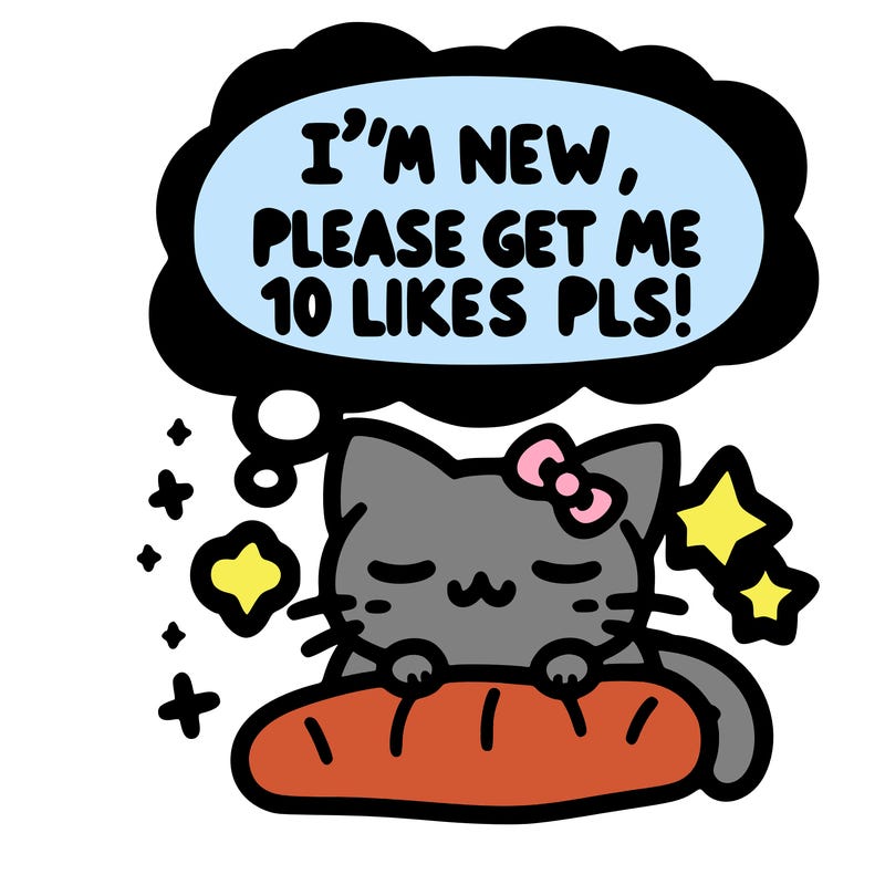 kitty taking a nap dream talking and saying "i'm new, please get me at least 10 likes pls!!"