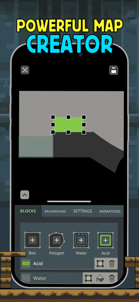 Mods for People Playground PG - Interface de l'outil de création de cartes pour les mods de People Playground montrant des options pour placer des blocs comme de l'acide et de l'eau