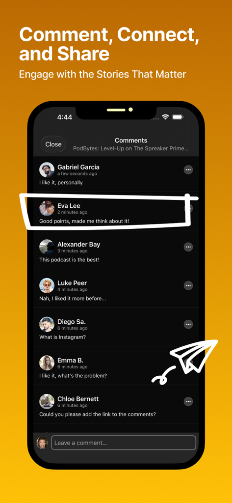 Spreaker Podcasts - 사용자 댓글 및 커뮤니티 참여 기능을 보여주는 Spreaker Podcasts 앱 인터페이스