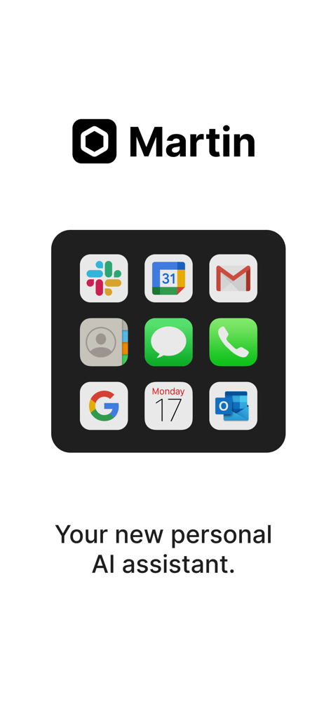 Martin AI personal assistant app display showing integrations with Slack, Gmail, and Outlook