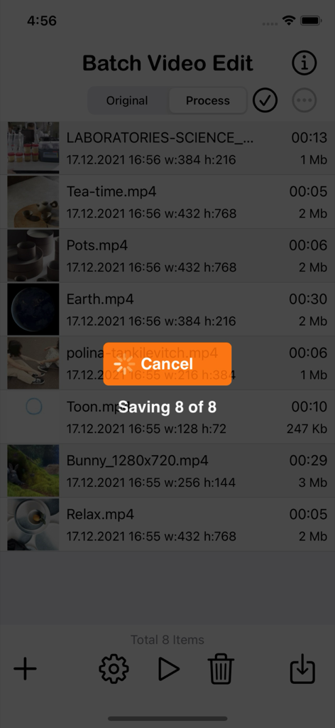 Interface of Batch Videos Edit app showing the saving progress of multiple videos with a status overlay saying Saving 8 of 8.