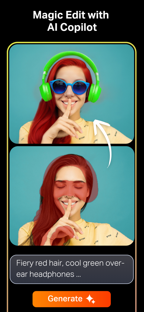 Tela do aplicativo Sketch Pro demonstrando a ferramenta AI Magic Edit com mascaramento de imagem e prompts de texto para manipulação de fotos