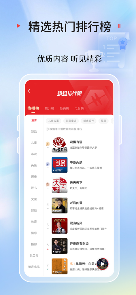 Interface do aplicativo móvel Qingting FM exibindo programas de áudio em mandarim em alta e categorias de conteúdo