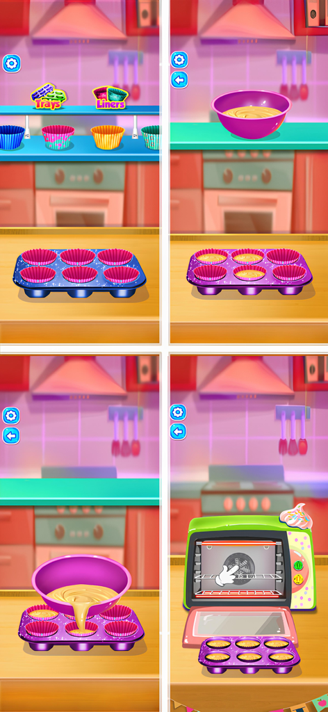 My LunchBox - Cooking Game - A four-step gameplay sequence showing how to pick liners, pour batter, and bake cupcakes in a colorful kitchen.