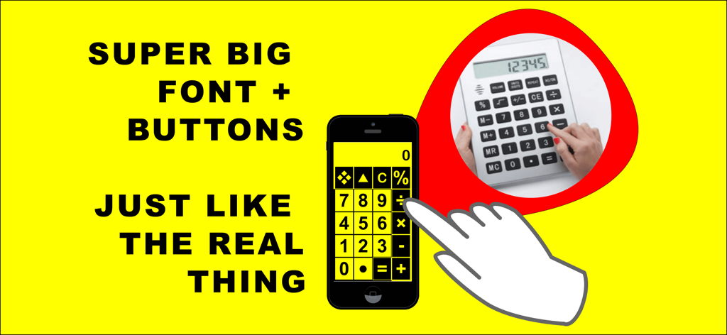 Big Calculator Low Vision - Promotional image for the Big Calculator Low Vision app showing large buttons and high contrast yellow interface designed for seniors.