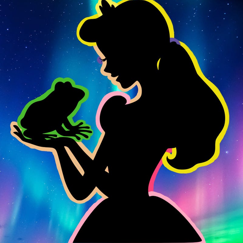 a shadow of a princess holding a frog realistic