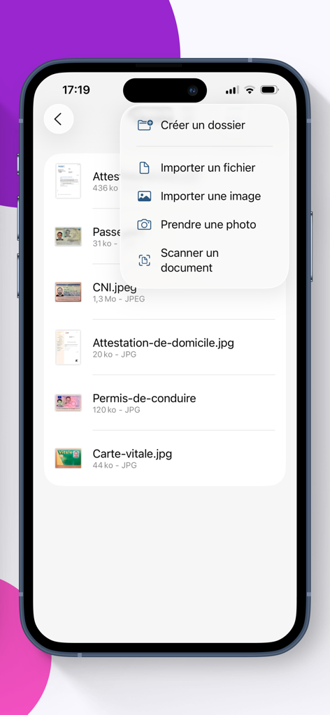 eDocPerso - eDocPerso mobile app interface showing document scan and import options